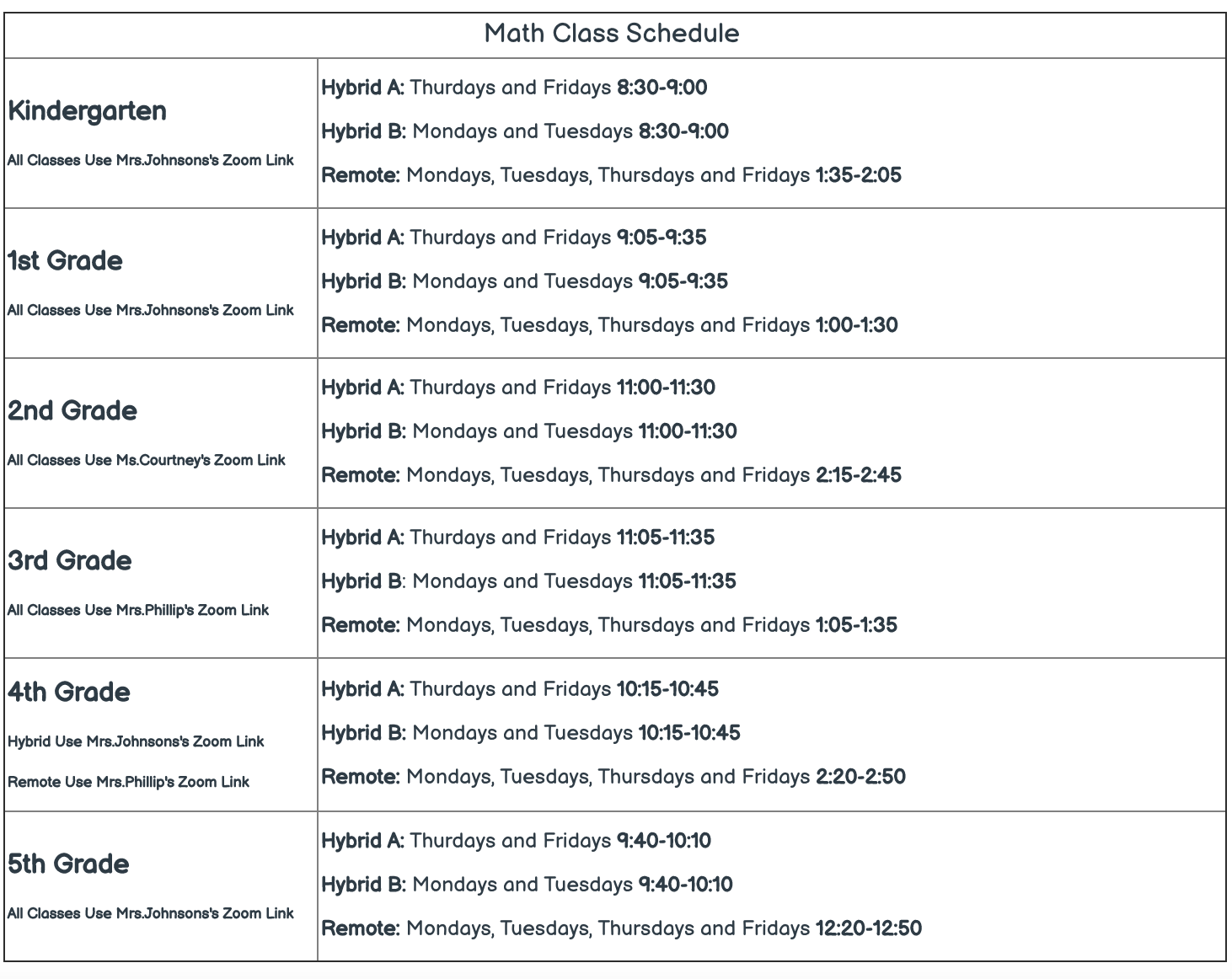 Math Group Schedule 